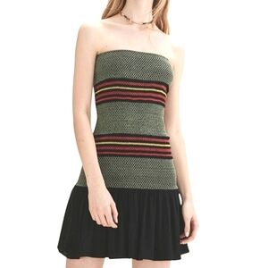 Maje Strapless Smocked Embroidered Tube Dress Striped Mini Ruffled Hem 1 SM